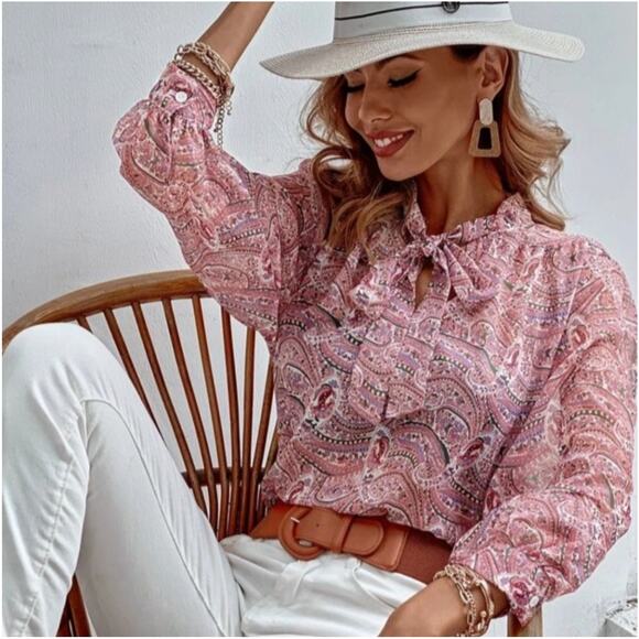 ZARA Paisley Metallic Neck Bow Pussybow Blouse, Pink - Picture 1 of 9